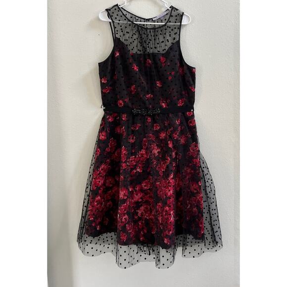 Carmen Marc Valvo Sleeveless Red Rose/Polka Dot Black Tulle Overlay Dress sz 16 - Picture 4 of 14